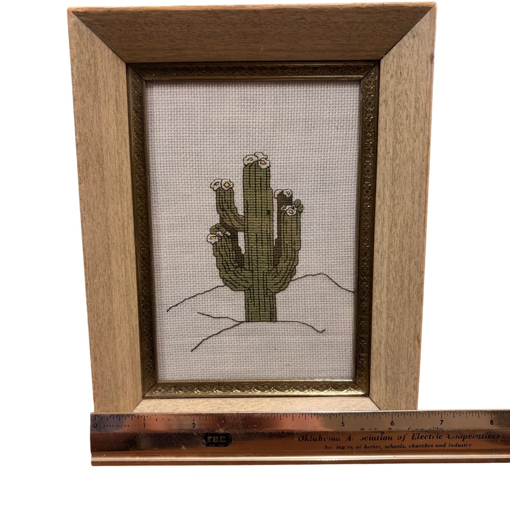 Vintage Handcrafted Saguaro Cactus Cross Stitch Framed Desert Wall Art 9x6.5 - Picture 6 of 6